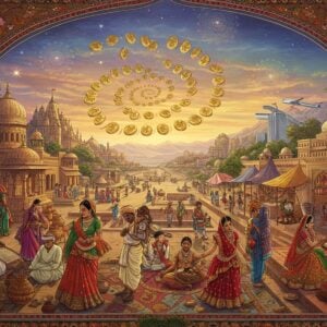 A bustling Indian marketplace scene with intricate Madhubani-style border, showing traditional artisans crafting in foreground (pottery, weaving, jewelry-making) while modern tourists interact with them. The scene transitions from traditional to modern - left side showing ancient architecture, temples, and traditional dancers in vibrant saris, right side displaying modern hotels, airports, and contemporary Indian youth in fusion wear. Golden coins and currency notes float ethereally in a spiral pattern, representing economic growth. Warm lighting emphasizes rich colors - deep maroons, royal blues, and saffron yellows. Mandala patterns in soft glowing pastels float in the sky. Scene features detailed cultural elements: henna designs, peacock motifs, lotus flowers. Multiple layers of depth with soft focusing. Atmospheric perspective with gentle mist in background. Photorealistic style with magical realism elements. Scene viewed through an ornate archway decorated with traditional Indian patterns.