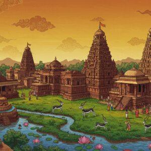 A stunning aerial view of Haveri's landscape at golden hour, featuring ancient temples with intricate Hoysala architecture in rich maroon and gold tones. In the foreground, a beautifully detailed Madhubani-style illustration shows the majestic Ranebennur Blackbuck Sanctuary with graceful blackbucks leaping across a stylized grassland in peacock blues and emerald greens. The Utsav Rock Garden's sculptures blend seamlessly with traditional Pattachitra art elements, creating a surreal, dream-like quality. The composition includes the sacred Siddharoodha Math rendered in ornate patterns and glowing mandala halos. The scene is unified by flowing water elements representing the Tungabhadra River, decorated with lotus motifs and soft, ethereal light. Modern Indian tourists in contemporary clothing explore these attractions, their figures small but detailed, adding scale and perspective. The sky features a gradient of sunset colors - saffron, deep purple, and gold - with stylized clouds in traditional Indian art patterns.