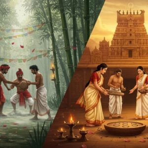 A dynamic split-screen composition showcasing two vibrant traditional gaming scenes: On the left, three Northeastern Indian people in traditional Mekhela Chador and Naga attire playing Insuknawr (Mizo wrestling) in a misty bamboo forest setting with prayer flags and tribal motifs. On the right, four South Indians in traditional dhoti and sarees engaged in intense Pallanguzhi game with ornate brass boards and seeds, against the backdrop of a grand temple architecture with intricate Dravidian carvings. The scenes are connected by a flowing, ethereal mandala pattern in gold and peacock blue. Traditional elements like brass lamps, coconut trees, and tribal jewelry blend seamlessly. The lighting creates a warm, nostalgic glow with sun rays filtering through. Art style combines Madhubani patterns in borders with modern digital art techniques. Rich colors of maroon, saffron, and deep green dominate, with gold accents throughout. Floating lotus petals and subtle spiritual symbols connect both scenes. The composition should be cinematic and immersive, with a dreamy, ethereal quality while maintaining cultural authenticity.