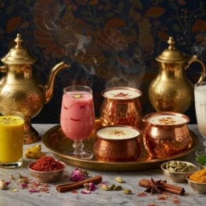 A rich, vibrant scene showcasing an ornate brass and copper serving station with traditional Indian beverages in elegant vessels. Five different traditional drinks - golden turmeric milk in a silver glass, rose-tinted thandai garnished with pistachios, earthen kulhads filled with lassi topped with saffron strands, copper vessels containing deep purple kokum sherbet, and a crystal-clear matka with spiced buttermilk. Intricate Madhubani-style patterns float in the background, featuring peacocks and lotus motifs in deep indigo and gold. Freshly ground spices like cardamom, cinnamon, and saffron threads are artistically scattered across a marble counter. Delicate steam wisps rise from the hot beverages, creating ethereal patterns. The scene is illuminated by warm, golden light suggesting sunset, casting intricate shadows through traditional brass pourers. Fresh ingredients like mint leaves, rose petals, and whole spices are arranged in silver bowls. The composition follows a modern minimalist aesthetic while maintaining traditional elements, with a dreamy, ethereal quality enhanced by subtle lens flares and bokeh effects. Style combines hyperrealistic digital art with traditional Indian miniature painting techniques.