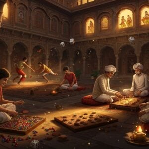 A dynamic scene showcasing multiple traditional Indian games being played simultaneously in a richly detailed courtyard of an ancient Indian palace. In the foreground, two children play Pallanguzhi with brass and wooden boards, colorful glass beads scattered elegantly. To their left, teenagers engage in an intense game of Kabaddi, their movements frozen in a graceful dance-like pose. On the right, elderly men seated on ornate cushions play Pachisi on a cross-shaped cloth board with detailed ivory pieces. The background features intricate Madhubani-style wall paintings depicting more games like Gilli-danda and Kho-kho. The scene is illuminated by warm, golden evening sunlight filtering through ornate jharokhas (traditional windows), creating dramatic shadows. Floating elements include stylized dice, cowrie shells, and game pieces transformed into magical, glowing symbols. The color palette consists of deep maroons, royal blues, burnished golds, and rich earth tones. The architecture features detailed Indian motifs, mandalas, and geometric patterns. The entire scene is rendered in a fusion of traditional Pattachitra art style with modern digital techniques, creating a mystical, timeless atmosphere. Small particles of light dance around the players, emphasizing the magical connection between generations through these ancient games.