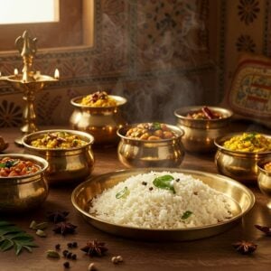 A warm, inviting traditional Maharashtrian kitchen scene with sunlight streaming through a window, illuminating a polished bronze thali containing perfectly steamed Namdev rice garnished with curry leaves and ghee. Surrounding the central thali are authentic copper and brass vessels containing colorful Maharashtrian dishes - tambda rassa in a tambya, bharli vangi in a kansa vessel, and varan bhaat with tup in traditional serving bowls. In the background, hand-painted walls feature intricate warli art patterns in earthy tones. Fresh ingredients like curry leaves, whole spices, and dried red chilies are artistically scattered on a wooden surface. A brass deepa lamp adds a warm golden glow. The scene combines Madhubani-style decorative elements with photorealistic food photography, enhanced by volumetric lighting creating a steam effect rising from the hot dishes. Rich colors of turmeric yellow, deep maroon, and forest green dominate the palette, with gold accents from the traditional vessels. The composition suggests both tradition and modernity, with careful attention to authentic Maharashtrian cooking elements and aesthetic food presentation.
