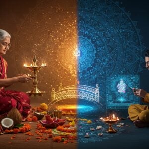 A serene split-screen composition showing an Indian family performing traditional Hindu rituals on one side and their modern digital counterparts on the other, seamlessly blended in the middle. On the traditional side, an elderly grandmother in a maroon silk saree performs aarti with a brass lamp, surrounded by traditional items like coconuts, flowers, and incense. On the modern side, a young professional in contemporary Indian attire uses a tablet displaying the same rituals, with holographic mandalas and digital lotus flowers floating around. The center features a glowing, ornate golden bridge made of intricate Madhubani patterns connecting both worlds. The lighting is ethereal, with warm golden rays on the traditional side and cool blue digital glows on the modern side. Floating elements include traditional marigold flowers transforming into digital particles. The background showcases a large, detailed mandala that's half hand-painted in traditional style and half rendered in modern neon lights. Art style combines hyperrealistic digital art with traditional Indian Pattachitra patterns, emphasizing rich colors like deep saffron, royal blue, and burnished gold. The scene exudes a harmonious blend of spirituality and technology.
