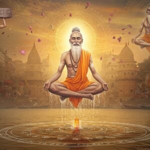 A mystical scene depicting Trailanga Swami floating cross-legged above the Ganges at dawn, his massive 300-pound frame defying gravity. He appears as a luminous figure with long white beard, wearing minimal saffron clothing, surrounded by a golden aura. The background shows the historic Varanasi ghats with intricate Madhubani-style patterns integrated into the architecture. Swirling water below him forms sacred Sanskrit symbols. On one side of the composition, a photorealistic scene shows him lifting a massive stone block, while on the other side, he's shown drinking river water, representing his legendary feats. The sky features ethereal mandalas and floating lotus petals in soft pastels. Multiple translucent layers show him in different states - sometimes as a solid form, sometimes as a spiritual apparition, suggesting the mystery of his true nature. The lighting is dramatic with golden morning rays piercing through misty air, creating a divine atmosphere. The art style combines hyperrealistic elements with traditional Indian artistic motifs, rendered in rich colors like deep saffron, celestial blue, and burnished gold.