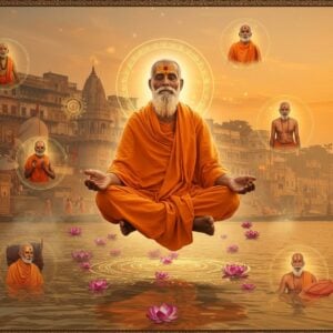 A serene Indian spiritual master in saffron robes levitating above the Ganges at Varanasi during sunrise, his form massive and robust, radiating golden divine light. The background shows the ancient ghats of Varanasi with intricate Madhubani-style patterns. The swami sits in padmasana with eyes closed in deep meditation, surrounded by floating lotus flowers and glowing mandalas. His face bears a peaceful expression with long flowing white beard and ash-smeared body. Ethereal mist rises from the river, creating a mystical atmosphere. Multiple scenes float in translucent spheres around him: one showing him blessing devotees, another depicting him emerging from the Ganges, and a third showing him in his characteristic nude ascetic form covered respectfully in a subtle golden aura. The color palette combines deep oranges and saffron with turquoise river waters and soft morning pastels. The art style merges photorealistic elements with traditional Indian artistic motifs, incorporating detailed Pattachitra-style borders and sacred geometric patterns. Soft ambient lighting creates a mystical glow throughout the scene.