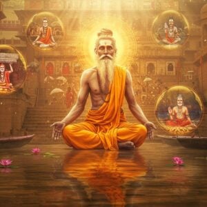 A majestic, elderly Indian sage with a luminous aura, floating cross-legged above the sacred Ganges at Varanasi's ancient ghats during sunrise. His robust physique appears superhuman, skin glowing with a golden hue, long white beard flowing ethereally. The swami is surrounded by swirling mystical energy patterns in deep saffron and celestial blue. The background features intricately detailed stone temples and steps merging with contemporary digital art elements. Multiple scenes float in translucent spheres around him: in one he's lifting a massive stone block, in another he's drinking deadly poison, and in a third he's meditating underwater. The water beneath him reflects golden ripples while lotus flowers emerge from the surface. Traditional Madhubani patterns in gold and maroon interweave through the composition. The lighting is otherworldly, with rays of divine light piercing through morning mist, creating a harmonious blend of the physical and spiritual realms. Depth of field focuses on the Swami's serene face while maintaining the mystical atmosphere of old Varanasi. Style: photorealistic digital art with Indian traditional art influences, emphasizing both power and spiritual tranquility.