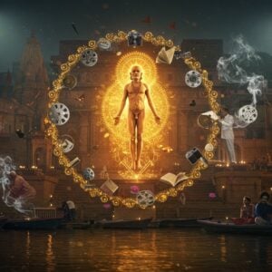 A mystical scene depicting a levitating Trailanga Swami in his characteristic nude form, surrounded by a golden aura, floating above the sacred Ganges at Varanasi's iconic ghats. His body appears both massive and ethereal, with intricate Madhubani-style patterns flowing through his aura. The background features ancient stone temples and stairs in rich detail, with floating diyas and lotus flowers in the water. Modern cameras, books, and film reels orbit around him in a spiral pattern, transformed into magical objects with traditional Indian artistic motifs. The scene is illuminated by both modern stage lights and traditional oil lamps, creating a surreal blend of old and new. Swirling smoke from incense forms mystical shapes in the air, while contemporary Indian actors and writers appear as silhouettes in reverential poses on the ghats. The color palette combines deep maroons, saffron, and peacock blue with modern metallic accents. The composition is cinematic with dramatic lighting, featuring both morning sun rays and artificial spotlights. Photorealistic style with magical realism elements, 8k resolution, highly detailed, intricate patterns.