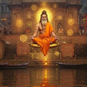 A mystical scene depicting a levitating Indian sage in a saffron dhoti, radiating golden aura, seated in padmasana above the sacred Ganges at Varanasi. The sage has long matted hair, serene expression, and a powerful physique. The background shows ancient stone ghats with intricate Madhubani-style patterns carved into them. Two timelines merge in the composition - one shows 1607 (birth year) with traditional old Varanasi architecture, while the other shows 1887 (death year) with more recent structures. Sacred Sanskrit symbols and yantra patterns float ethereally around the sage. The scene is illuminated by both dawn sunlight and floating diyas, creating a surreal atmosphere. Steps of the ghats are adorned with detailed mandalas and lotus motifs in gold and saffron. Swirling mystical energy in peacock blue and deep maroon surrounds the sage. The water reflects the entire scene like a mirror, with subtle ripples distorting the reflection. Digital art style merging photorealism with traditional Indian art elements, emphasizing the mystical and timeless quality of the subject.