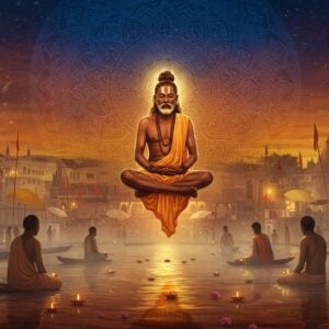 A mystical scene depicting Trailanga Swami in deep meditation, levitating above the Ganges at dawn in Varanasi. The swami appears as a large, robust figure with long matted hair, wearing only a white dhoti, his eyes closed in divine absorption. His body emanates a subtle golden aura that reflects on the river's surface. Behind him, the iconic Varanasi ghats stretch along the riverbank, rendered in intricate Madhubani-style patterns. Multiple ethereal silhouettes of modern seekers in contemporary clothing kneel in reverence, their forms semi-transparent and merging with the morning mist. Floating lotus flowers and diyas surround the scene, their light creating dancing reflections on the water. The sky features a massive, intricate mandala pattern in shades of saffron and deep blue, with rays of light emerging from its center. The overall composition blends traditional Pattachitra art elements with modern digital techniques, using a color palette of deep maroons, celestial blues, and burnished golds. Sacred symbols like Om and geometric yantras float subtly in the background mist, half-visible. The atmosphere is mystical yet serene, with a photorealistic quality enhanced by volumetric lighting and soft particle effects.