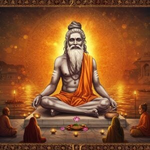 A mystical scene depicting Trailanga Swami in his iconic form - a large, robust figure with long silver-white matted hair and beard, seated in padmasana on a marble platform near the Ganges ghats. His body radiates a supernatural golden aura. He's wearing a simple ochre dhoti, with sacred ash smeared across his body. Behind him, a ethereal mandala pattern merges with the rising sun, creating intricate geometric patterns in shades of saffron and deep blue. The waters of the Ganges reflect golden ripples, with floating lotus flowers and diyas. In the foreground, modern-day seekers in contemporary Indian attire sit in meditation, their forms semi-transparent and merging with the spiritual energy emanating from the saint. The scene incorporates Madhubani-style border patterns with spiritual symbols like Om and tridents. The color palette focuses on deep maroons, celestial blues, and brilliant golds, with soft glowing orbs of light floating in the atmosphere. The art style combines hyperrealistic details with surreal, ethereal elements, creating a bridge between the historical and the contemporary spiritual world.