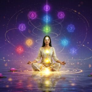 A serene young Indian woman in lotus position, floating ethereally above a mirror-like pool of water, with her eyes gently closed in deep meditation. She wears a flowing white and gold silk dress. Around her, seven glowing chakra orbs emanate concentric rings of light in their respective colors (violet, indigo, blue, green, yellow, orange, red). Multiple translucent mandalas of varying sizes spiral outward from her form, creating a sacred geometry pattern. The background features a gradient from deep indigo to soft lavender, with floating lotus flowers and gentle swirls of golden light. Delicate threads of light connect the chakra points, forming a luminous web. Small particles of golden light rise from the water surface, creating a mystical atmosphere. The lighting is soft and ethereal, with a subtle golden glow surrounding the figure. The art style combines photorealistic rendering with magical surrealism, featuring smooth gradients and intricate details in Madhubani-inspired patterns within the mandalas. The overall composition suggests transcendence, peace, and spiritual awakening.