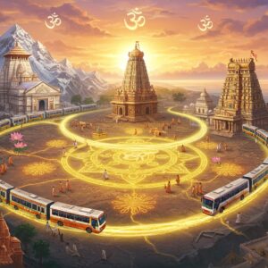 A mystical aerial view of interconnected golden pathways forming a luminous Shri Yantra pattern across the Indian landscape, linking iconic Hindu temples - a majestic white Badrinath temple nestled in snow-capped Himalayas, the sun-kissed Meenakshi temple with its colorful gopurams, and the seaside Jagannath temple with its chakra gleaming against azure waters. Modern buses and trains, adorned with traditional Indian motifs in gold and saffron, traverse these pathways. The vehicles emit trails of ethereal light in peacock blue and deep maroon. Floating lotus flowers and mandala patterns punctuate the scene. The sky features a gradient from dawn orange to spiritual purple, with delicate clouds forming subtle Om symbols. Small groups of pilgrims in traditional attire can be seen at various points, their forms creating a sense of scale and movement. The art style combines hyperrealistic architectural details with Madhubani-inspired decorative elements, featuring intricate patterns and a rich color palette of gold, saffron, maroon, and peacock blue. The scene is illuminated by a divine, soft glow, emphasizing the blend of modern transportation and timeless spirituality.