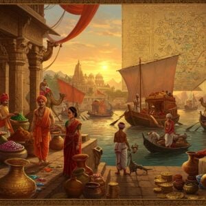 A majestic ancient Indian port city at sunset, with ornate wooden ships adorned with vibrant saffron and red sails in the harbor. In the foreground, merchants in detailed period-accurate clothing (dhoti, angavastram) trade precious gems, spices, and silk. The scene features intricately carved stone architecture with Vedic motifs and mandalas. A grand stone-carved trade route map on a temple wall shows golden lines connecting various ancient cities. Decorated elephants carry spice-laden howdahs while camel caravans wind through the background. The lighting is warm and golden, with soft rays filtering through gossamer silk banners. Peacock-blue waters reflect the bustling activity. The art style combines traditional Pattachitra patterns in the clothing details with modern digital rendering techniques. Rich jewel tones of gold, deep maroon, and royal blue dominate the palette. Lotus motifs and traditional yantra patterns subtly frame the scene. Small details include bronze scales for weighing goods, stacks of copper coins, and ceramic vessels with classical Hindu designs.