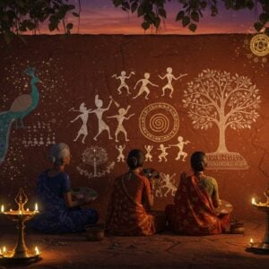 A mesmerizing Indian tribal art scene featuring three generations of tribal women artists (grandmother, mother, daughter) painting intricate Warli-style patterns on a rich earthen wall. The wall transforms into a magical canvas where the painted symbols come alive and glow with ethereal light - showing dancing figures, sacred trees, and spiral motifs in white against deep terracotta. Floating around them are 3D representations of traditional Gond art symbols - a peacock with elaborate plumage in turquoise and gold, a mystical tree of life with branches forming mandalas, and sacred tribal totems. The scene is illuminated by warm, golden light filtering through a canopy of banyan leaves. In the foreground, brass oil lamps cast dancing shadows, while in the background, a dreamy purple-orange sunset bleeds into the sky. The art style merges hyperrealistic details with magical surrealism, featuring rich jewel tones (deep indigo, burnt orange, forest green) contrasting with metallic gold accents. Tribal jewelry made of shells, beads, and copper adorns the women. Sacred geometry patterns float in the air like golden dust particles.