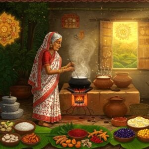 A richly detailed kitchen scene with an elderly tribal Indian woman in traditional Adivasi attire (red and white saree with tribal patterns) cooking on a traditional clay stove with earthen pots. The scene is illuminated by warm golden sunlight streaming through bamboo windows. Around her are vibrant indigenous ingredients - forest mushrooms, red millet, turmeric roots, wild honey combs, and foraged berries arranged on banana leaves. The background features intricate Madhubani-style artwork showing forest landscapes in deep greens and browns. Floating ethereal mandalas in saffron and gold surround the cooking area. The smoke from the clay stove forms mystical patterns in the air. The composition includes traditional tribal cooking tools like stone grinders and wooden spatulas. The art style combines hyperrealistic details with magical realism, enhanced by soft glowing highlights and deep, rich colors characteristic of Pattachitra art. The elderly woman's face shows wisdom and warmth as she stirs a pot with steam rising in spiral patterns.