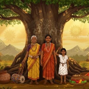 A vibrant scene depicting three generations of tribal women from different Indian tribes - a Gond grandmother in traditional beaded attire, a Bastar mother wearing bell-metal jewelry, and a young Warli daughter in white-dotted dress, standing together against a massive ancient banyan tree. The tree's trunk is adorned with intricate Madhubani-style paintings showing tribal life scenes in deep maroon and gold. In the foreground, traditional tribal instruments like dhol and bamboo flutes rest beside handwoven baskets filled with forest produce. The background features stylized mountains with Warli-art patterns in white, while floating golden mandalas emit soft ethereal light. Multiple tribal art forms blend seamlessly - Gond dots and swirls in earthy browns, Warli geometric patterns in white, and Bhil art's vibrant concentric circles in saffron and peacock blue. The lighting is warm and mystical, with rays of golden sunlight filtering through the banyan leaves, creating a dreamlike atmosphere. The scene includes subtle elements of tribal life: clay pots, ceremonial masks, totems, and sacred groves, all rendered in a modern digital art style while maintaining authentic tribal aesthetics.