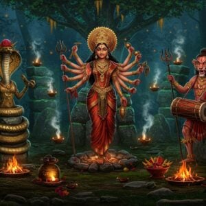 A mystical forest clearing at twilight, where three distinct tribal deities emerge from ancient stone sculptures. The central figure is a powerful Earth Mother goddess with multiple arms, wearing tribal jewelry made of brass and beads, her form adorned with intricate Warli-style patterns. To her right, a fierce tiger-headed deity holds ceremonial drums, decorated with vibrant red and yellow tribal art motifs. To her left, a serpent deity coils around a sacred tree, adorned with traditional bells and offerings. The background features ancient megalithic structures covered in phosphorescent moss, with floating diyas (oil lamps) creating a magical atmosphere. Smoke from ritual fires swirls in ethereal patterns, incorporating traditional Gond art elements. The scene is illuminated by a combination of moonlight and ritual fire, creating dramatic shadows and highlighting the gold and copper ornaments. Small details include tribal totems, sacred symbols, and indigenous flowers like marigolds and red hibiscus. The color palette combines deep forest greens, earthen browns, and ritual reds with metallic gold accents. The art style seamlessly blends traditional Indian tribal art forms with modern digital fantasy aesthetics, maintaining photorealistic textures while incorporating stylized patterns.