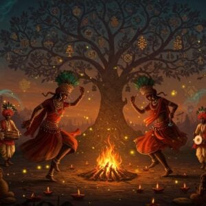 A dynamic scene of tribal dancers in traditional Gond attire performing around a sacred fire at twilight, their movements captured mid-motion with flowing fabrics in earthy reds, deep oranges, and forest greens. The dancers wear authentic tribal jewelry made of brass and beads, with peacock feather headgears. In the background, a massive tree of life in Madhubani style emerges, its branches forming intricate patterns with embedded tribal motifs in gold and copper tones. Musicians playing traditional drums (dhol), bamboo flutes, and manjiras create visual rhythm through motion trails in glowing saffron and indigo. The scene is illuminated by floating diyas and fireflies, creating an ethereal atmosphere. Sacred geometric patterns and ancient tribal symbols float in the air like golden dust. The art style combines hyperrealistic character details with stylized Pattachitra-inspired backgrounds, featuring rich textures and intricate border patterns. Mystical smoke tendrils in turquoise and purple weave through the scene, forming subtle mandalas. The overall composition suggests movement and spiritual energy, with a modern digital art finish while maintaining traditional elements.