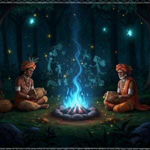 A mystical nighttime forest scene depicting three tribal storytellers from different Indian tribes (Gond, Warli, and Santhali) seated around a ethereal blue-flame bonfire. The elders wear authentic tribal attire with intricate beadwork and traditional jewelry. The fire casts magical shadows that transform into animated pictorial stories on the background - showing tribal deities, mythical creatures, and spirit animals in traditional Gond art style with detailed patterns. Surrounding trees feature luminescent spirit markings in white and gold. The scene is framed by floating magical fireflies and wisps of glowing smoke forming subtle tribal patterns. The color palette combines deep forest greens, earthy browns, ceremonial reds, and mystical blues with touches of gold. Incorporating both photorealistic and traditional tribal art elements, with the storytellers rendered in a modern digital style while keeping their authentic features and attire. The overall atmosphere is ethereal and enchanting, with moonlight filtering through the canopy creating a sacred storytelling space. The artwork seamlessly blends Madhubani-style borders with contemporary digital techniques.