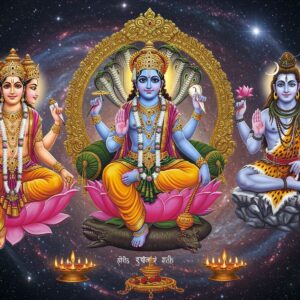 A majestic cosmic scene depicting the Hindu Trinity in their divine forms, centered against a swirling galaxy background with golden mandala patterns. Lord Brahma on the left, four-headed, each face bearing a serene expression, seated on a pink lotus throne, wearing saffron silk robes with golden embellishments, his four hands holding the Vedas, water vessel, rosary, and a lotus. Lord Vishnu in the center, with deep blue skin, wearing pitambara and precious jewels, resting on Shesha Naga, his four hands holding Sudarshan Chakra, Panchajanya conch, lotus, and mace. Lord Shiva on the right, fair-skinned with ash-smeared body, seated in padmasana on a tiger skin, wearing serpents as ornaments, crescent moon in his matted locks, four hands holding trishul, damru, rudraksha mala, and displaying abhaya mudra. The three deities connected by an intricate sacred geometry pattern with floating Sanskrit symbols. Style combines traditional Thanjavur painting techniques with modern digital art, featuring deep jewel tones, metallic gold accents, and ethereal lighting effects. Backdrop shows their respective vahanas - swan, garuda, and nandi - rendered in a subtle, ethereal manner.