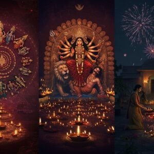 A majestic triptych composition showcasing three ethereal festival celebrations merging seamlessly: Left panel shows Navratri with nine forms of Goddess Durga arranged in a spiral mandala, each form glowing with distinctive auras and holding their signature weapons, center panel depicts a grand Bengali-style Durga Puja pandal with an intricately detailed idol of Goddess Durga (ten-armed, riding lion, slaying Mahishasura) illuminated by hundreds of golden diyas, and right panel illustrates a modern Indian family celebrating Diwali in their courtyard with elaborate rangoli patterns, floating diyas, and sparkling fireworks in the night sky. The scene is rendered in rich jewel tones of deep maroon, royal blue, and gold, with intricate Madhubani-style border patterns. Soft light emanates from countless diyas creating a warm, inviting atmosphere. Traditional symbols like lotus flowers, peacocks, and mandalas are woven throughout the composition. The artwork combines hyperrealistic details with magical elements like floating light orbs and spiral energy patterns, all rendered in a contemporary digital art style while maintaining traditional Indian artistic elements.
