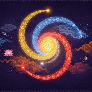 A grand cosmic scene depicting three luminous divine paths intertwining in a golden spiral against a deep indigo background. At the center, a large, ornate mandala glows with ethereal light, representing dharma. Three distinct energy streams - sattva (pure white), rajas (vibrant red), and tamas (deep blue) - flow through the composition. Indian spiritual symbols and sacred geometry patterns float in the space, including the Sri Yantra, lotus flowers, and om symbols rendered in metallic gold. The scene includes stylized clouds in peacock blue and saffron hues. Small particles of light scatter throughout, creating a mystical atmosphere. The art style combines traditional Madhubani patterns with modern digital art techniques, featuring intricate details and a rich color palette. The entire composition is framed by an elaborate border featuring interconnected karma symbols and dharmic motifs. Soft light rays emanate from the central mandala, creating an atmosphere of divine wisdom and spiritual enlightenment. The overall impression is both cosmic and deeply rooted in Hindu spirituality.