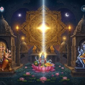 A grand, surreal temple architecture scene showcasing three distinct levels representing Brahma, Vishnu, and Shiva. At the center, a massive golden mandala with intricate Madhubani patterns radiates light. The lowest level shows Lord Brahma with four heads, seated on a lotus throne, hands holding vedas and prayer beads. The middle level depicts Lord Vishnu reclining on Shesha Naga in cosmic waters, holding conch, chakra, mace, and lotus. The top level presents Lord Shiva in meditation on Mount Kailash, with crescent moon, trident, damaru, and third eye. The scene is rendered in rich jewel tones - deep sapphire, royal gold, and crimson - with floating lotus flowers, sacred geometry patterns, and swirling cosmic energy. Ethereal light beams connect all three levels. The architecture features detailed Indo-Dravidian temple elements with ornate pillars, carved archways, and miniature spires. Modern digital art style with a combination of hyperrealistic textures and traditional Indian art patterns, enhanced by dramatic lighting and atmospheric perspective.