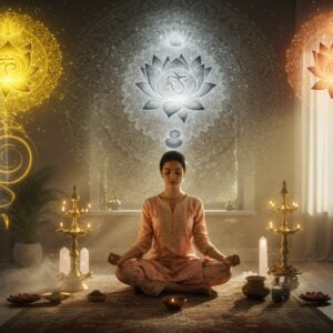 A serene Indian woman in contemporary clothing (pastel silk kurta) performing morning rituals in a modern minimalist home setting, surrounded by three distinct ethereal auras - golden (Vata), silver (Pitta), and copper (Kapha). The background features a large, intricate mandala pattern merging traditional Madhubani art elements with modern geometric designs. Three floating lotus flowers in different stages of bloom represent the three doshas, each emitting a soft, divine glow. Sacred geometry patterns float in the air, while traditional brass diyas and modern crystal healing stones create a bridge between ancient and contemporary practices. The lighting is warm and mystical, with soft rays filtering through sheer curtains. The woman's peaceful expression and meditation mudra reflect inner harmony. The scene includes subtle morning mist with swirling energy patterns in gold, silver, and copper hues. The art style combines hyperrealistic digital rendering with traditional Indian art motifs, creating a balanced blend of modern and traditional elements.