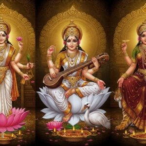 A majestic triptych composition showcasing three distinct regional interpretations of the Tridevi, set against an ornate golden mandala background. In the center, Goddess Saraswati in pristine white, seated on a white lotus, playing the veena, with her vahana swan nearby, adorned in South Indian temple jewelry. On the left, Goddess Lakshmi in Bengali style, wearing a red-bordered white saree, standing on a pink lotus, four hands holding lotus flowers and showering gold coins, surrounded by Bengali alpana patterns. On the right, Goddess Parvati in Rajasthani style, wearing a heavily embroidered lehenga in deep maroon, adorned with Rajasthani kundan jewelry, seated on a tiger skin. Each goddess has a distinct regional architectural element behind them - South Indian gopuram, Bengali terracotta temple, and Rajasthani palace architecture. The scene is illuminated by ethereal divine light, with flowing celestial scarves, floating lotus petals, and intricate Madhubani-style patterns in the background. The color palette includes deep golds, rich maroons, peaceful whites, and royal blues, all rendered in a harmonious blend of traditional Indian art and modern digital aesthetics. Soft glowing halos behind each goddess, with subtle regional mudras and symbols floating in the aura.