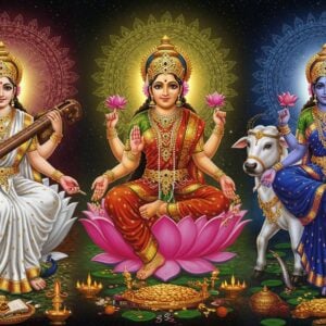 A majestic vertical composition featuring the three divine goddesses: Saraswati on the left in pristine white silk saree with veena in hand, mounted on a white swan; Lakshmi in center slightly elevated wearing rich red-gold saree, seated on a pink lotus with gold coins flowing from her two hands, her other two hands in abhaya and varada mudras; Parvati on right in royal blue saree with trident in one hand and lotus in another, riding her majestic white Nandi. Each goddess has a distinct glowing aura - pure white for Saraswati, golden for Lakshmi, and deep blue for Parvati. Their divine faces radiate peace and power, adorned with traditional Indian jewelry and crown-like mukuts. Behind them, three large intersecting mandalas in respective colors float in a cosmic space filled with swirling galaxies and stars. The foreground features sacred symbols - books and peacock feathers for Saraswati, lotus flowers and gold for Lakshmi, and damaru and rudraksha for Parvati. The art style merges hyperrealistic digital painting with traditional Madhubani patterns in a modern interpretation. Soft ethereal lighting emphasizes their divine nature while keeping the composition balanced and powerful. 4K quality, cinematic lighting, intense details in jewelry and fabric patterns.