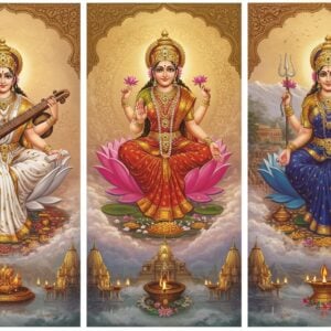 A majestic triptych composition showcasing the three supreme Hindu goddesses in their divine abodes: Goddess Saraswati seated on a white lotus in Pushkar with 4 arms holding veena, books, crystal mala, and mudra, wearing pristine white saree with gold border; Goddess Lakshmi in Kolhapur emanating golden aura, seated on pink lotus with 4 arms holding lotus flowers and gold coins, wearing rich red silk saree; Goddess Parvati in Varanasi with Mount Kailash backdrop, 4 arms holding trishul and damaru, wearing deep blue silk saree with gold jewelry. The goddesses are connected by an ornate mandala bridge featuring intricate Madhubani patterns in gold. Floating lotus flowers, sacred geometry patterns, and ethereal light rays in soft pastels create depth. Temple spires emerge from misty clouds below. Glowing diyas and flower offerings in foreground. Digital art style merging traditional Indian miniature painting with modern fantasy illustration. Subtle bokeh effects and golden hour lighting. The composition radiates divine feminine energy through warm golden highlights and soft ethereal glow.