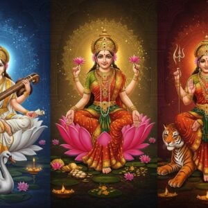 A majestic triptych composition showing three ethereal Indian goddesses - Saraswati on the left seated on a white lotus with four arms holding veena, books, crystal mala, and gesture of blessing, wearing pristine white saree with gold border; Lakshmi in center standing on pink lotus with four arms holding golden lotus flowers and coins showering from her lower hands, adorned in rich red-gold saree; Parvati on right seated on tiger skin with four arms holding trishul, damaru, lotus and abhaya mudra, wearing sunset orange saree. Each goddess has a distinct glowing mandala halo behind them - blue for Saraswati with peacock feather patterns, gold for Lakshmi with Sri Yantra design, and copper-red for Parvati with intricate Tantric patterns. Their divine vehicles - swan, owl and tiger respectively - seated at their feet. Scene has magical floating lotus flowers, sparkling divine light particles, and flowing silk ribbons in air. Soft ethereal glow bathes the scene in celestial light. Background shows intricate Madhubani-style patterns in deep indigo merging into modern digital art aesthetic. Composition maintains traditional iconography while having contemporary digital art finish. Hyperrealistic rendering with fantasy elements.