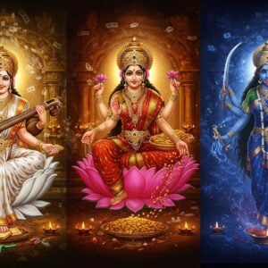 A majestic triptych composition showing three divine Indian goddesses - Saraswati on the left seated on a white lotus with her veena, four arms holding veena, books, crystal rosary, and lotus, wearing pristine white saree with gold border; Lakshmi in the center on a pink lotus, four arms holding lotus flowers and gold coins showering around her, wearing rich red and gold saree; and Kali on the right standing powerfully, four arms holding sword, trident, severed head, and blessing mudra, wearing deep blue saree with stars. Behind them, three massive digital screens showing their modern film/TV portrayals merge with traditional temple architecture. The scene is illuminated by both traditional oil lamps and modern studio lights. Swirling energy patterns in gold, saffron, and electric blue connect the traditional and contemporary elements. The background features a blend of ancient Sanskrit manuscripts floating alongside social media icons and film reels. Artistic style combines hyperrealistic digital art with traditional Madhubani patterns in the details. The goddesses have a ethereal glow while maintaining traditional iconography. The overall color palette transitions from serene whites and golds to deep cosmic blues.