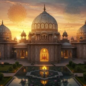 A majestic aerial view of a grand Indo-Saracenic architectural complex at golden hour, featuring three distinct domes representing Brahma, Vishnu, and Shiva. The central dome, largest and adorned with intricate Nagara-style carvings, glows with ethereal light. The structure showcases detailed jharokhas, carved pillars, and ornate archways in white marble and red sandstone. Floating mandalas in saffron, deep blue, and gold hover above each dome. The foreground features a serene reflection pool with lotus flowers, while peacocks grace the pristine gardens. Soft rays of sunset create dramatic shadows across the architecture, highlighting the detailed Islamic geometric patterns and Hindu motifs merged seamlessly. The scene is wrapped in a mystical atmosphere with subtle light orbs and delicate flower petals floating in the air. The color palette focuses on rich maroons, royal blues, and burnished gold, with modern architectural lighting emphasizing the building's grandeur. Art style combines traditional Madhubani patterns in the decorative elements with contemporary digital art techniques, creating a surreal yet authentic atmosphere.