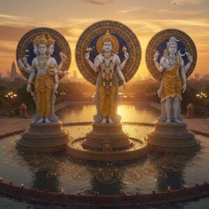 A majestic aerial view of Trimurti Chowk at sunset, featuring three towering, intricately carved marble statues of Lord Brahma (four-headed, holding vedas), Lord Vishnu (four-armed holding Shankha, Chakra, Gada, and Padma), and Lord Shiva (with third eye, crescent moon, and trident) arranged in a perfect triangle. The statues emerge from a large circular fountain base with golden lotus patterns. Modern Delhi's skyline visible in the background with warm golden-orange sky. The scene is illuminated by both modern architectural lighting and traditional diyas floating in the fountain water. Intricate Madhubani-style patterns in gold and deep blue form a mandala-like halo behind each deity. The water reflects the sunset creating a mirror effect. Historical monuments of Delhi visible as silhouettes in the far background. Soft ethereal mist adds mystical atmosphere. Style combines hyperrealistic 3D rendering with traditional Indian art elements, emphasizing both heritage and contemporary urban aesthetic. The overall composition should be cinematic and awe-inspiring.