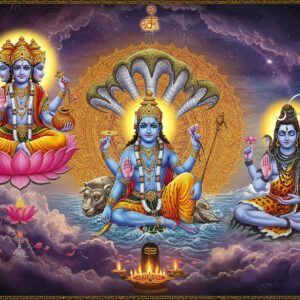 A majestic composition showing three distinct realms merging into one: At the top, Lord Brahma with four heads wearing golden crown, seated on a pink lotus, hands holding vedas, water pot, rosary and making abhaya mudra. In the middle, Lord Vishnu in celestial blue hue, reclining on Shesha Naga over cosmic waters, four hands holding shankha, chakra, gada, and lotus, wearing pitambara and vaijayanti mala. At the bottom, Lord Shiva in meditation pose on Mount Kailash, fair-skinned with blue throat, third eye prominent, four hands holding trishul, damaru, rudraksha mala, and one in blessing pose, crescent moon in matted locks. The three realms connected by a massive, ornate mandala in gold and saffron. Sacred geometry patterns and swirling cosmic energies in deep purples and blues connect all three deities. Ethereal light streams through clouds, with floating lotus petals and vedic symbols. Style merges hyperrealistic digital art with traditional Pattachitra patterns. The background shows subtle representations of creation, preservation, and dissolution through abstract elements.