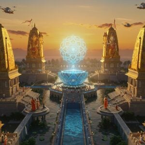 A majestic aerial view of a futuristic Indian temple complex, featuring three towering golden spires representing Brahma, Vishnu, and Shiva, each adorned with intricate Madhubani-style patterns. The central courtyard showcases a large digital holographic mandala floating above a serene reflection pool. Modern glass and traditional stone architecture blend seamlessly, with floating lotus-shaped platforms connected by crystalline bridges. The scene is illuminated by both traditional oil lamps and modern LED lighting in soft blues and golds. In the foreground, detailed Pattachitra-style artwork depicts devotees in contemporary Indian attire using smart devices to navigate the complex. The sky features a sunset gradient of saffron and peacock blue, with subtle sacred geometry patterns. Flying vehicles with traditional temple architecture elements hover near the spires. The entire scene is rendered in a harmonious blend of hyper-realistic 3D modeling and traditional Indian art styles, creating a serene yet technologically advanced atmosphere.