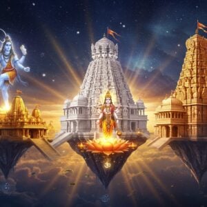 A grand ethereal temple complex floating in a cosmic space, with three distinct architectural styles merging seamlessly - a golden Shiva temple with intricate Dravidian architecture, a pristine white marble Brahma temple with Nagara spires, and a richly decorated Vishnu temple with fusion of both styles. Lord Shiva in his cosmic dance form with four hands (damaru and flame in upper hands, abhaya mudra and raised foot in lower hands) appears as a translucent divine form on the left, Lord Vishnu in his four-armed form (chakra, conch, lotus and mace) manifests in radiant light on the right, and Lord Brahma with four heads and four hands (vedas, kamandalu, mala and abhaya mudra) emerges from a golden lotus in the center. The temples are surrounded by swirling mandalas, floating lotus flowers, and mystical light patterns in deep indigo, saffron and gold hues. Sacred symbols like Om, trishul, and lotus patterns are subtly woven into the architecture. The scene is bathed in divine light with rays streaming through clouds, creating a powerful spiritual atmosphere. Art style combines hyperrealistic digital rendering with traditional Indian Madhubani patterns and motifs.