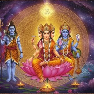 A majestic digital painting depicting the Hindu Trimurti emerging from a cosmic golden mandala. In the center, Lord Brahma with four heads wearing saffron robes, seated on a pink lotus, holding vedas in one hand, water pot in second, rosary in third, and lotus in fourth hand. To his right, Lord Vishnu in peaceful blue complexion, wearing pitambara and crown adorned with precious gems, reclining on Shesha Naga, holding Sudarshan chakra in upper right hand, conch in upper left, lotus in lower right, and mace in lower left. To his left, Lord Shiva in meditation pose, fair complexion with crescent moon on matted hair, tiger skin attire, holding trident in right hand, damru in upper left, and snake around his neck, with third eye prominent. Behind them, a ethereal cosmic background with intricate Madhubani-style patterns in deep purples and blues, swirling galaxies, and sacred geometry. Sacred fire emanates from Shiva, cosmic waters flow from Vishnu, and golden light of creation radiates from Brahma. The scene is enhanced with floating lotus flowers, divine light beams, and subtle om symbols integrated into the mandala design. The art style combines hyperrealistic digital rendering with traditional Indian art motifs in a modern interpretation.