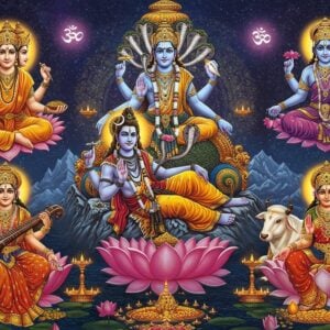 A majestic cosmic scene depicting six divine figures arranged in a symmetrical mandala formation. At the top, Lord Brahma with four heads, wearing saffron robes, seated on a lotus throne, holding vedas, water pot, rosary, and showing abhaya mudra. To his right, Lord Vishnu in peacock blue attire, reclining on Shesha Naga, holding conch, chakra, mace, and lotus. To his left, Lord Shiva in meditation pose on Mount Kailash, wearing tiger skin, with crescent moon, trident, damru, and snake adorning him. Below them, their divine consorts: Goddess Saraswati in pure white saree playing veena, surrounded by books and peacock; Goddess Lakshmi in rich red-gold saree standing on lotus, showering gold coins with four hands holding lotus and showing abhaya-varada mudras; Goddess Parvati in crimson saree with Nandi beside her, holding trishul and lotus. The background features intricate Madhubani-style patterns, swirling golden mandalas, and ethereal light rays. The scene is framed by blooming lotus flowers, with subtle om symbols floating in a mystical aura. Color palette combines deep cosmic blues, celestial golds, and rich Indian jewel tones. Hyperrealistic digital art style with traditional Indian art influences.