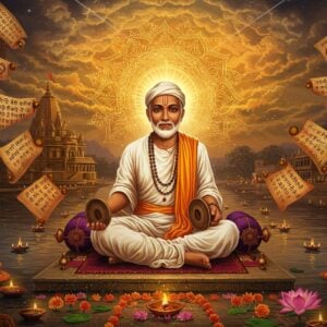 A luminous ethereal scene depicting Sant Tukaram in traditional white dhoti and uparna, seated in padmasana on a raised platform near the Indrayani River. His face radiates divine peace with half-closed eyes and a serene smile. Above him, a spectacular golden mandala merges with clouds forming celestial patterns. His signature cymbals rest in his hands, emanating subtle golden ripples. Around him float his abhangas visualized as glowing sacred scrolls with Devanagari calligraphy. The background features the historic Dehu temple with intricate Maratha architecture. Scattered marigold and lotus flowers create a path leading to him. The scene is illuminated by warm dusk light with floating diyas on the river. Multiple transparent layers show scenes from his life - his meeting with Lord Vitthal, his ascension to Vaikuntha, and his interactions with devotees. The art style combines traditional Maratha temple art with modern digital fantasy elements, using a color palette of deep saffron, golden yellows, spiritual blues, and earthy browns. Soft particle effects and divine light rays enhance the mystical atmosphere.