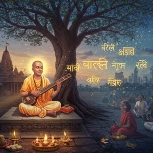 A serene evening scene depicting Sant Tukaram Maharaj in traditional white dhoti and angavastram, seated on a simple stone platform beneath a sacred Vata tree, radiating divine golden aura. He holds his signature tanpura and is surrounded by floating, ethereal Abhang verses in Devanagari script transformed into glowing light particles. The background features a blend of ancient and modern elements: on one side, a traditional Maharashtrian village with the Vitthala temple, and on the other side, modern city silhouettes with digital interfaces showing streaming music and poetry. Multiple translucent layers show people of different ages in modern attire (professionals, students, elderly) meditating and listening to the Abhangs through contemporary devices. Soft blues and golds dominate the color palette, with accents of saffron and deep purple. Intricate Madhubani-style patterns frame the scene, incorporating both traditional motifs and modern symbols. The lighting creates a mystical atmosphere with gentle lens flares and floating light orbs. Digital art style with photorealistic details and spiritual overtones.