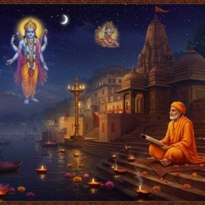 A serene night scene showing Tulsidas seated in padmasana on the steps of a Varanasi ghat, illuminated by warm golden oil lamps floating on the Ganges. He's dressed in traditional saffron dhoti, holding a palm leaf manuscript of Ramcharitmanas. Behind him rises an intricately detailed temple architecture in Nagara style with ornate carvings. The background features a translucent, ethereal vision of Lord Rama and Hanuman appearing in the starlit sky, rendered in glowing celestial light. Small vignettes from the Ramayana float as golden, luminescent mandalas around the scene. The art style combines Madhubani patterns in the borders with modern digital painting techniques. Rich colors of deep maroon, saffron, and peacock blue dominate, with subtle gold accents throughout. Soft light from the crescent moon creates reflections on the river water, while floating marigolds and lotus flowers add organic elements. The atmosphere is mystical and devotional, with subtle smoke trails from incense creating a dreamy haze.