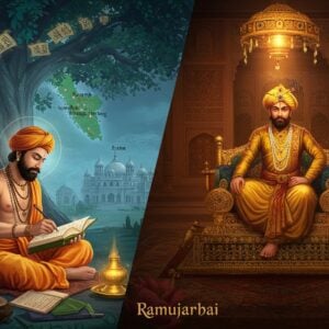 A cinematic split-screen composition showing two contrasting yet harmonious scenes: On the left, Tulsidas in traditional saffron dhoti and angavastram, seated under a sacred banyan tree, writing the Ramcharitmanas on palm leaves with a golden quill, surrounded by ethereal blue-tinted light and floating Sanskrit verses. On the right, Emperor Akbar in royal Mughal attire with intricate gold embroidery, seated on his ornate peacock throne in Fatehpur Sikri's court, surrounded by Islamic geometric patterns and warm amber light. The center where both scenes merge features a glowing mandala combining Hindu-Islamic motifs, lotus flowers intertwining with arabesque patterns. The background shows a stylized map of 16th century India with Ayodhya and Fatehpur Sikri highlighted. Art style combines traditional Indian miniature painting techniques with modern digital art aesthetics, featuring rich jewel tones of deep maroon, royal blue, and burnished gold. Soft particle effects and light rays create a mystical, timeless atmosphere, while detailed architectural elements of both Hindu temples and Mughal structures frame the composition.