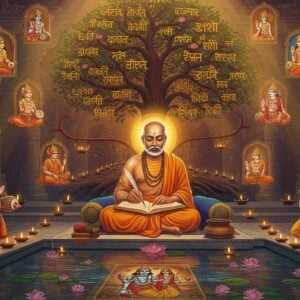 A mystical scene depicting Tulsidas in traditional saffron dhoti, seated cross-legged on an ornate marble platform, writing the Ramcharitmanas with a golden quill. His face radiates divine wisdom with a serene expression and tilak on forehead. Behind him rises a massive tree of life, its branches forming the shape of Lord Rama's bow. The tree's leaves are Sanskrit verses written in glowing golden light. Around him float multiple ethereal vignettes showing devotees singing bhajans and doing kirtan in traditional Madhubani art style. The background features a grand temple architecture with intricate carved pillars merged with swirling mandalas in deep maroon and peacock blue. Soft rays of golden light filter through, creating a dreamlike atmosphere. In the foreground, a reflecting pool shows rippling images of Ram-Sita while lotus flowers float on the surface. The scene is rendered in a harmonious blend of traditional Indian art and modern digital painting style with rich textures and atmospheric lighting. Multiple floating oil lamps create points of warm light throughout the composition.