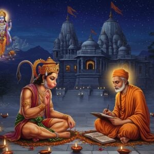 A serene nighttime scene depicting Sant Tulsidas in traditional saffron dhoti and angavastram, seated cross-legged on a moonlit marble temple steps, writing the Ramcharitmanas on palm leaves. His face, illuminated by divine light, shows deep devotion. Lord Hanuman, in his powerful but gentle form with orange-gold fur and adorned with simple gold ornaments, manifests before him, holding a mountain in one hand and showing blessing mudra with the other. Behind them, a large ornate temple architecture with intricate Madhubani-style patterns emerges from ethereal mist. The scene is enhanced by floating diyas, glowing mandalas, and shower of marigold petals. A subtle Ram-darbar appears in the celestial realm above, rendered in traditional Pattachitra style but with modern digital luminescence. The color palette focuses on deep midnight blues, warm golds, saffron, and burnt orange. Multiple small oil lamps create a mystical atmosphere with their warm glow. The artwork combines hyperrealistic details with ethereal, spiritual elements, floating sacred threads, and subtle Sanskrit verses manifesting as golden light particles in the air.