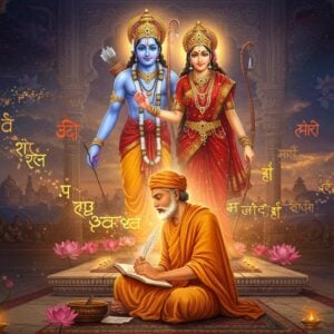 A grand ethereal scene depicting Saint Tulsidas in traditional saffron dhoti and angavastram, seated cross-legged on an ornate marble platform, writing the Ramcharitmanas with a golden quill. Behind him, a massive translucent spiritual vision shows Lord Rama (blue-skinned, crowned, holding bow and arrow) and Sita (in red silk saree with gold embroidery) blessing him. The background transitions from ancient architecture with intricate carved pillars to modern Indian cityscape silhouettes. Floating Devanagari letters in gold transform into modern Hindi text as they flow from his quill. The scene is illuminated by warm divine light and surrounded by blooming lotus flowers. Multiple layers of transparent mandalas with Ram-naam written in them float in the air. Traditional Madhubani-style border patterns frame the scene, seamlessly blending with contemporary geometric designs. The color palette features deep maroons, celestial blues, and metallic golds. Hanuman appears as a subtle, transparent figure in the corner, symbolizing devotion. The lighting creates a mystical atmosphere with soft glows and ethereal halos. Photorealistic style with spiritual overtones and cinematic composition.