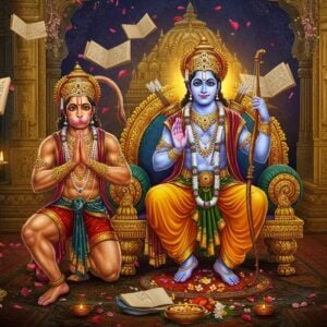 A divine scene depicting Lord Ram seated regally on a golden throne, wearing a rich saffron dhoti and crown adorned with precious gems, holding his signature bow in his right hand and arrow in left. His complexion is deep blue like thunder clouds. Beside him stands the mighty Hanuman in a dynamic pose, his muscular form painted in sindoor red, wearing a golden mundamala, his tail curved upward, hands folded in devotion. Behind them rises an ornate temple architecture with Madhubani-style patterns and motifs. The scene is illuminated by floating diyas creating a warm golden glow. Intricate mandala patterns in gold and deep blue frame the composition. In the background, pages of the Ramacharitamanas appear to float ethereally, transforming into falling flower petals. The art style merges traditional Indian Pattachitra techniques with modern digital art, featuring rich colors like deep maroon, royal blue, and burnished gold. Soft light rays emanate from Ram and Hanuman, symbolizing divine grace. The overall composition suggests devotion, loyalty and service through its visual elements while maintaining a contemporary aesthetic appeal.