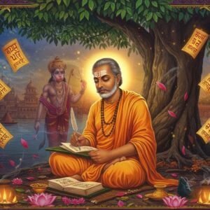 A serene portrait of Tulsidas in traditional saffron dhoti, seated in padmasana under a sacred banyan tree, writing the Ram Charit Manas on palm leaves with a golden quill. His face radiates divine peace with a tilak on forehead. Lord Hanuman appears as a subtle, ethereal figure in deep maroon hues behind him, blessing his work. The scene is illuminated by warm golden light filtering through the leaves. Multiple floating Ram-naam manuscripts in Sanskrit surround him with a soft glow. The background features the ancient city of Varanasi with its ghats and temples in Madhubani art style. Intricate mandala patterns in peacock blue and gold frame the entire composition. Glowing lotus flowers and devotional symbols float in the foreground. The atmosphere is mystical with swirling patterns of sacred smoke and falling flower petals. Art style combines traditional Indian miniature painting elements with modern digital art techniques, emphasizing photorealistic details in Tulsidas's expression while maintaining spiritual symbolism through color and composition. The lighting creates a divine aura around the entire scene.