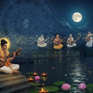 A serene night scene at Thiruvaiyaru riverbank, featuring Saint Tyagaraja in traditional white dhoti and angavastram, seated in padmasana on ornate marble steps leading to the Kaveri river. His expression is deeply meditative, eyes closed in divine communion. A golden ethereal aura surrounds him, with his veena positioned gracefully in his hands. Behind him, a massive translucent mandala in shades of deep blue and gold radiates spiritual energy. Multiple ghosted images of Indian classical musicians in traditional attire are arranged in a semi-circle, playing various instruments (veena, mridangam, violin). The river reflects the full moon, creating ripples of musical notes in golden light. Traditional Carnatic music notation symbols float as glowing elements in the air. The scene is adorned with blooming lotus flowers in pastel pinks and whites. The art style combines hyperrealistic details with mystical elements, featuring a color palette of deep blues, golds, and warm whites. Small oil lamps float on lotus leaves in the river, their flames creating a magical ambiance. The overall composition suggests the merger of classical music and spiritual transcendence, rendered in a modern digital art style with traditional Indian artistic elements.
